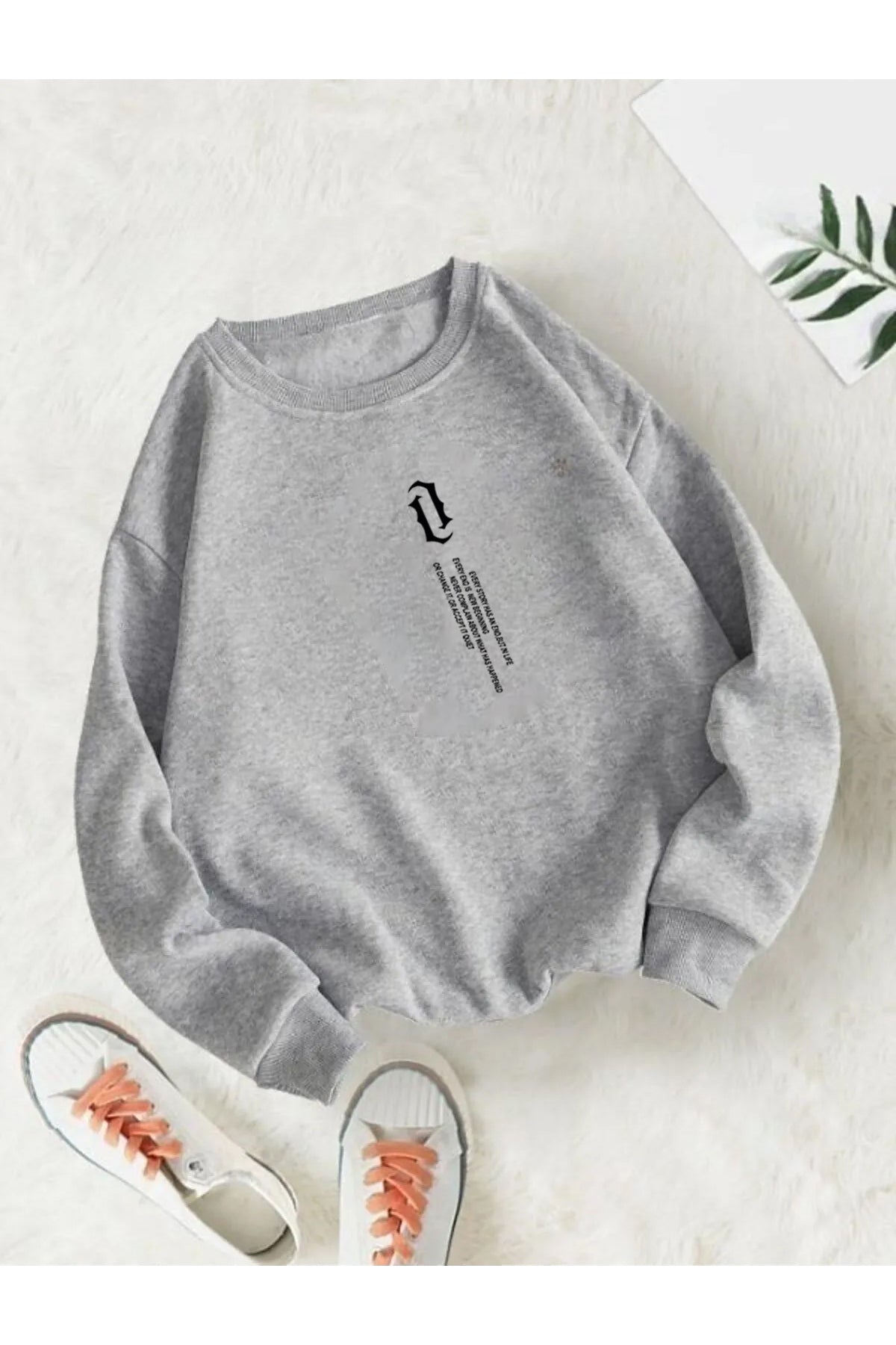UNISEX Dikey Yazı Baskılı Bisiklet Yaka OVERSIZE Sweatshirt