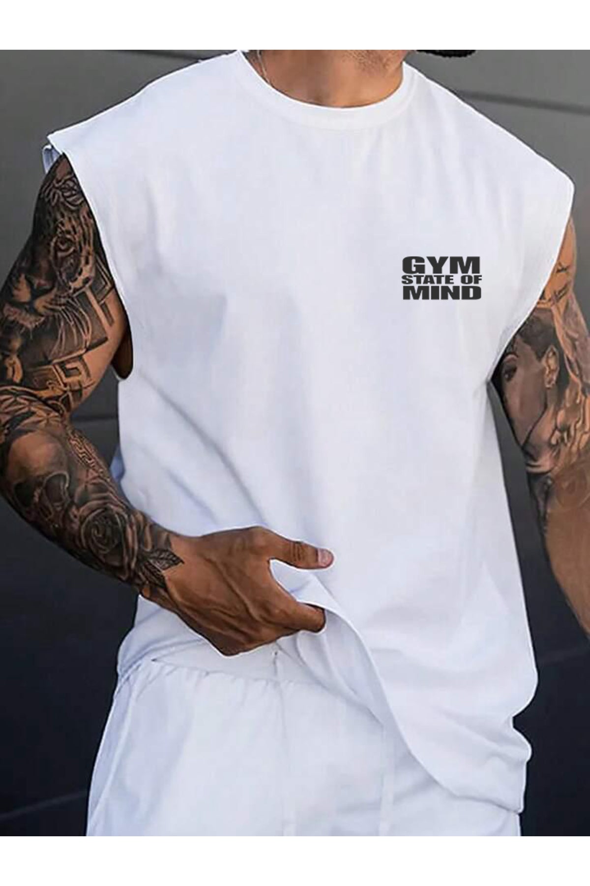 Sıfır Kol GYM Baskılı Pamuklu Spor Tshirt