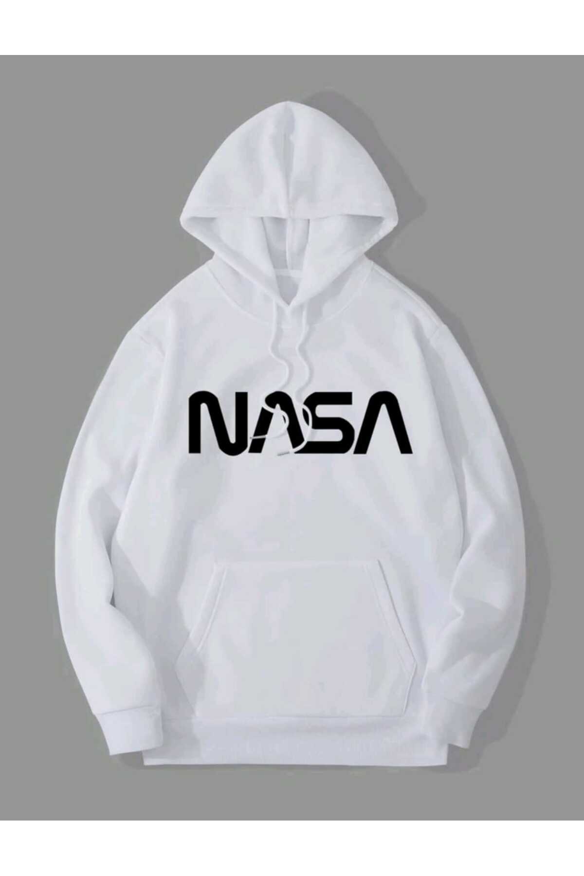 Beyaz Baskılı Kapüşonlu Sweatshirt Pamuklu