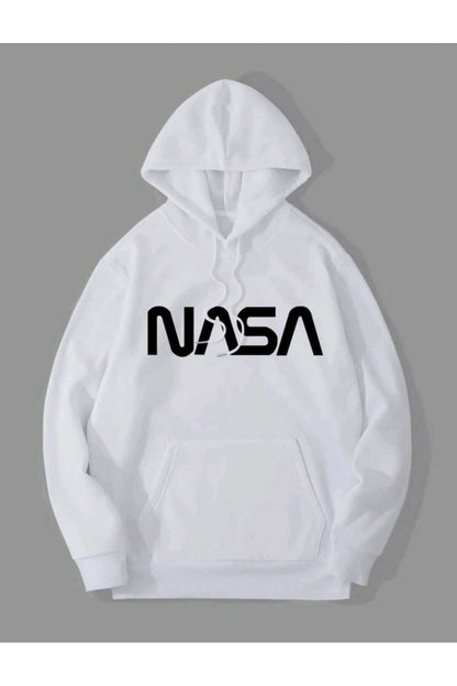 Beyaz Baskılı Kapüşonlu Sweatshirt Pamuklu