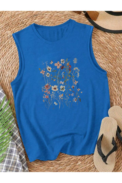 FLOWERS Desenli Kadın Pamuklu Omuzu Açık (Kolsuz) Yazlık T-shirt