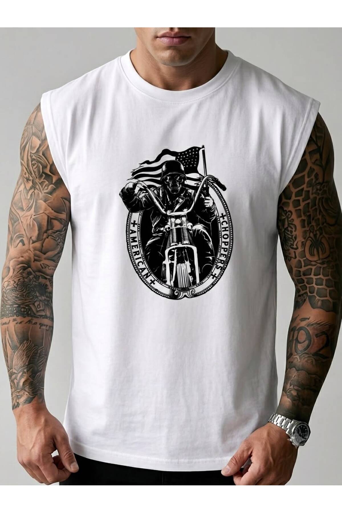 AMERİKAN MOTORCU Baskılı Erkek Sıfır Kol Kolsuz Sporcu Atlet Tshirt
