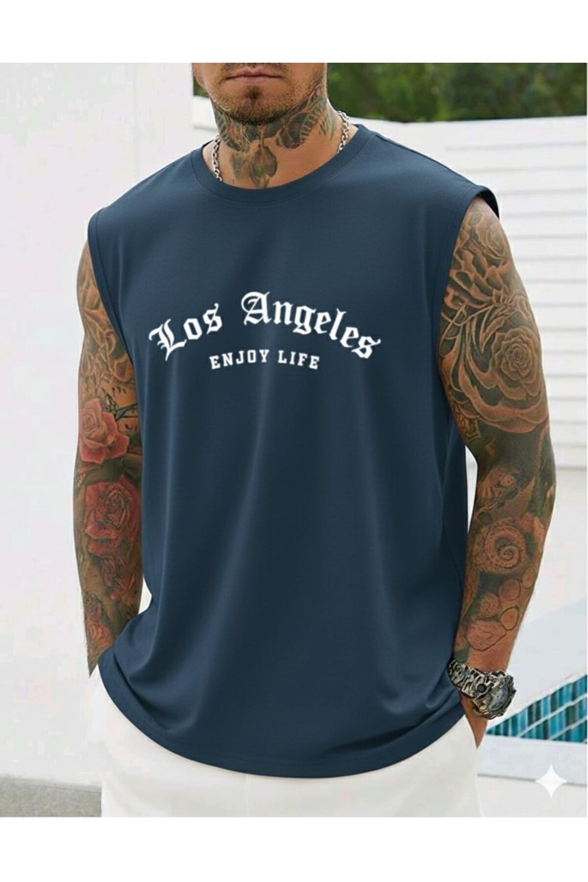 LOS ANGELES ENJOY LIFE Baskılı Erkek Sıfır Kol Sporcu Tshirt