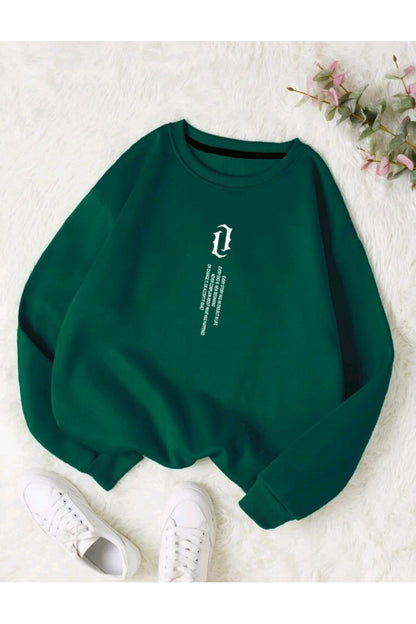 UNISEX Dikey Yazı Baskılı Bisiklet Yaka OVERSIZE Sweatshirt