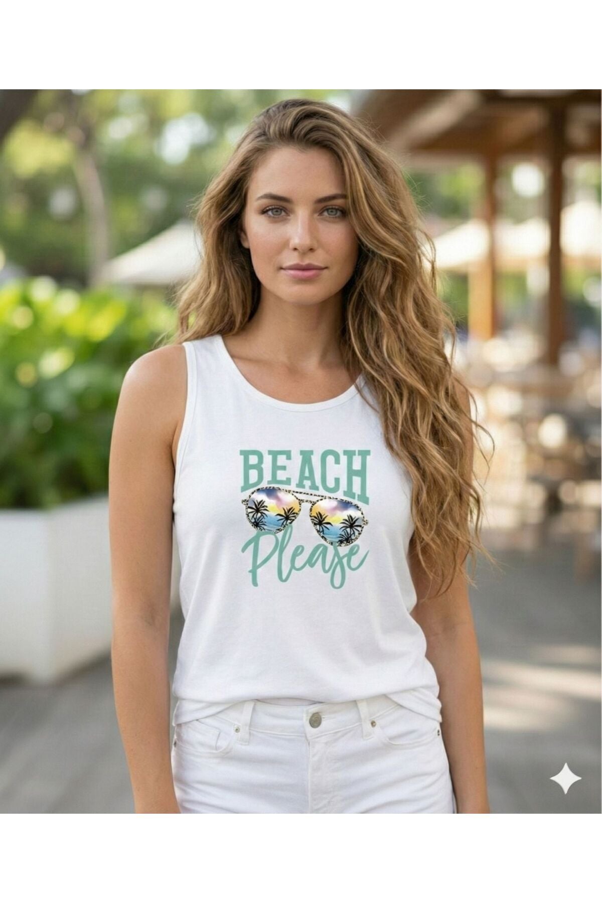 Beach Please Baskılı Kadın Beyaz Omuzu Açık Askılı Yazlık Pamuklu T-shirt