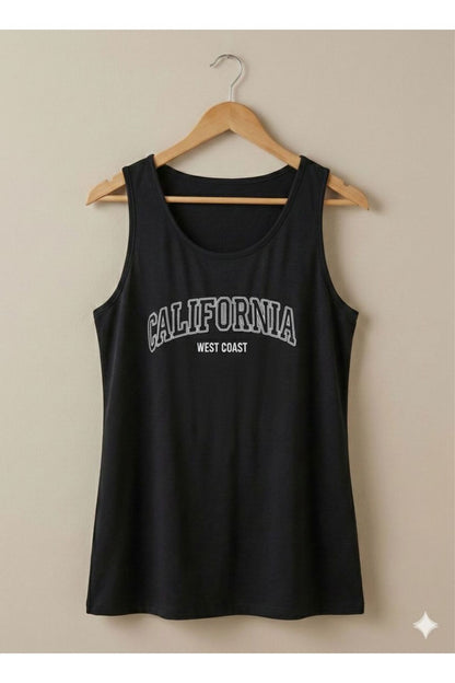 California West Coast Baskılı Kadın Siyah Omuzu Açık Askılı Yazlık Pamuklu T-shirt