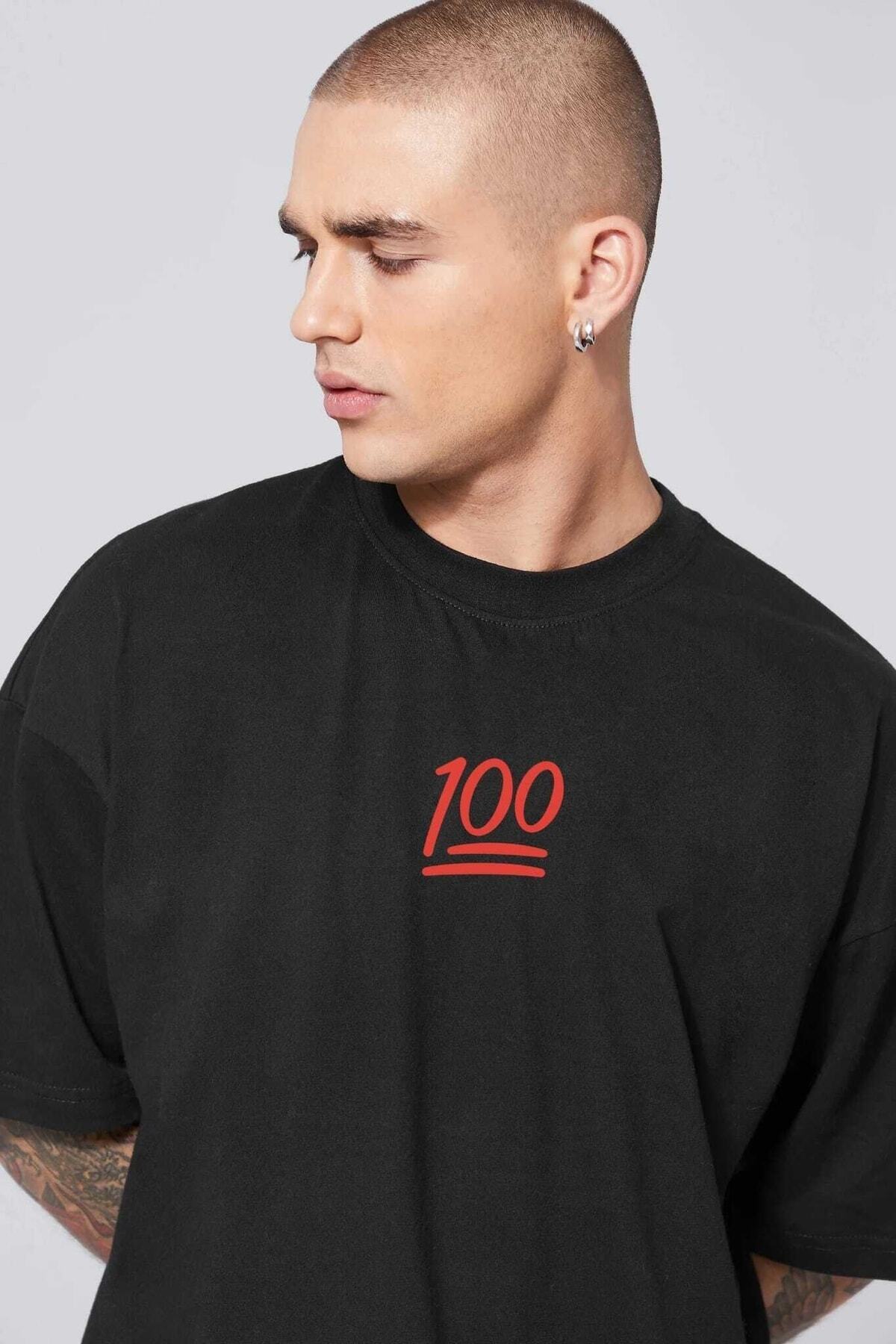 Unisex Siyah Yüzde Yüz Baskılı Oversize Bisiklet Yaka Pamuk T-shirt