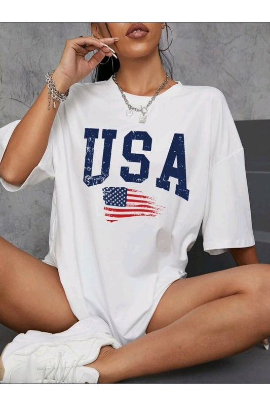 Oversize Beyaz Usa Baskılı Tshirt