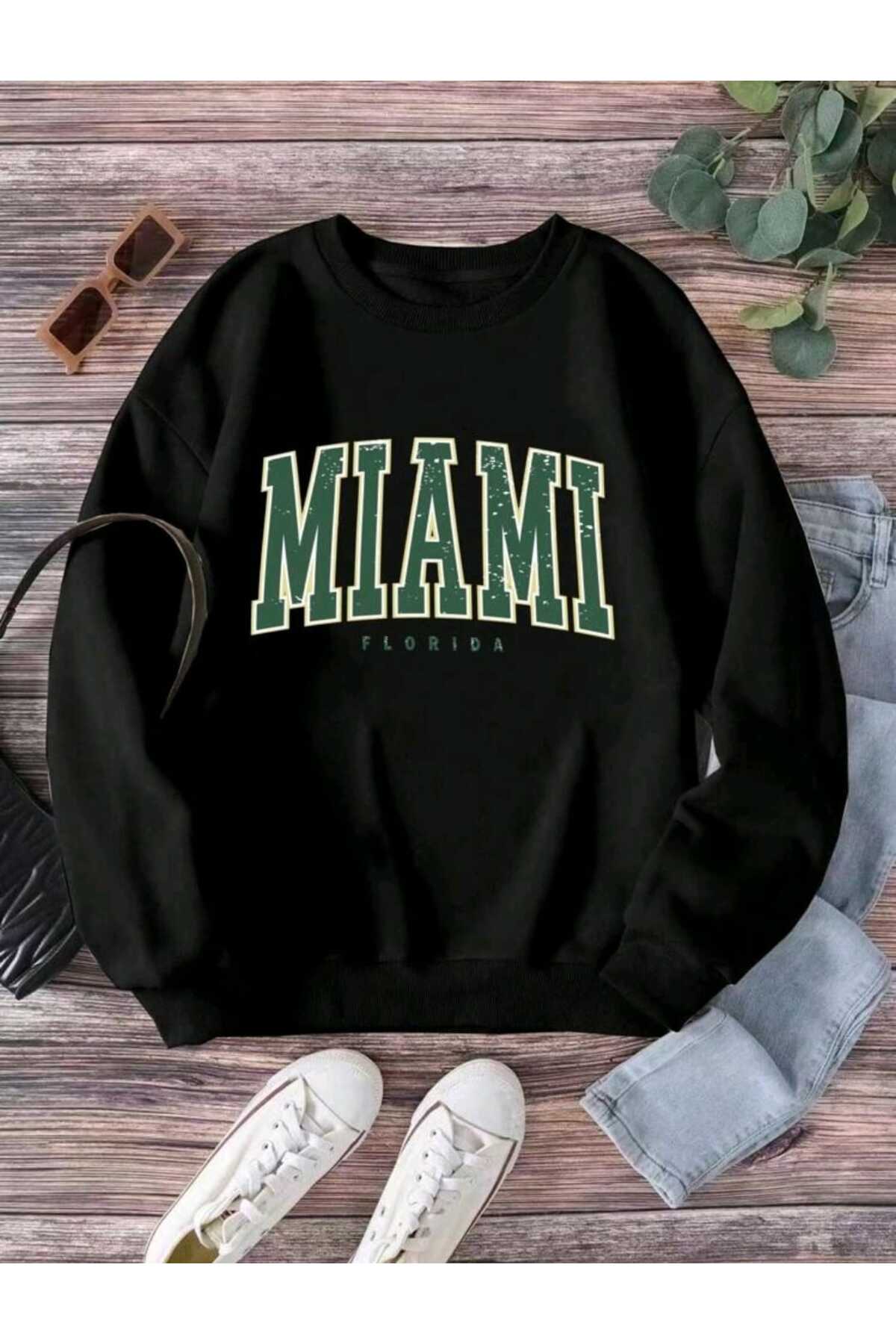 Miami Baskılı Bisiklet Yaka Sweatshirt