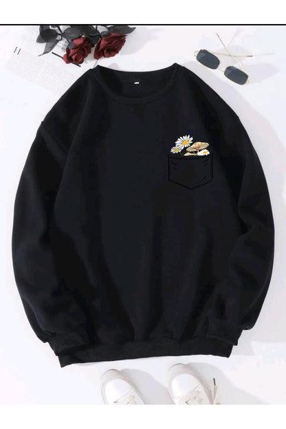 Çiçek Baskılı Bisiklet Yaka Pamuklu Sweatshirt
