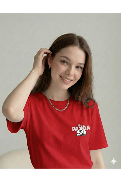 Sleepy Panda Baskılı Regular Kalıp Pamuklu Kadın Tshirt Tişört T-Shirt