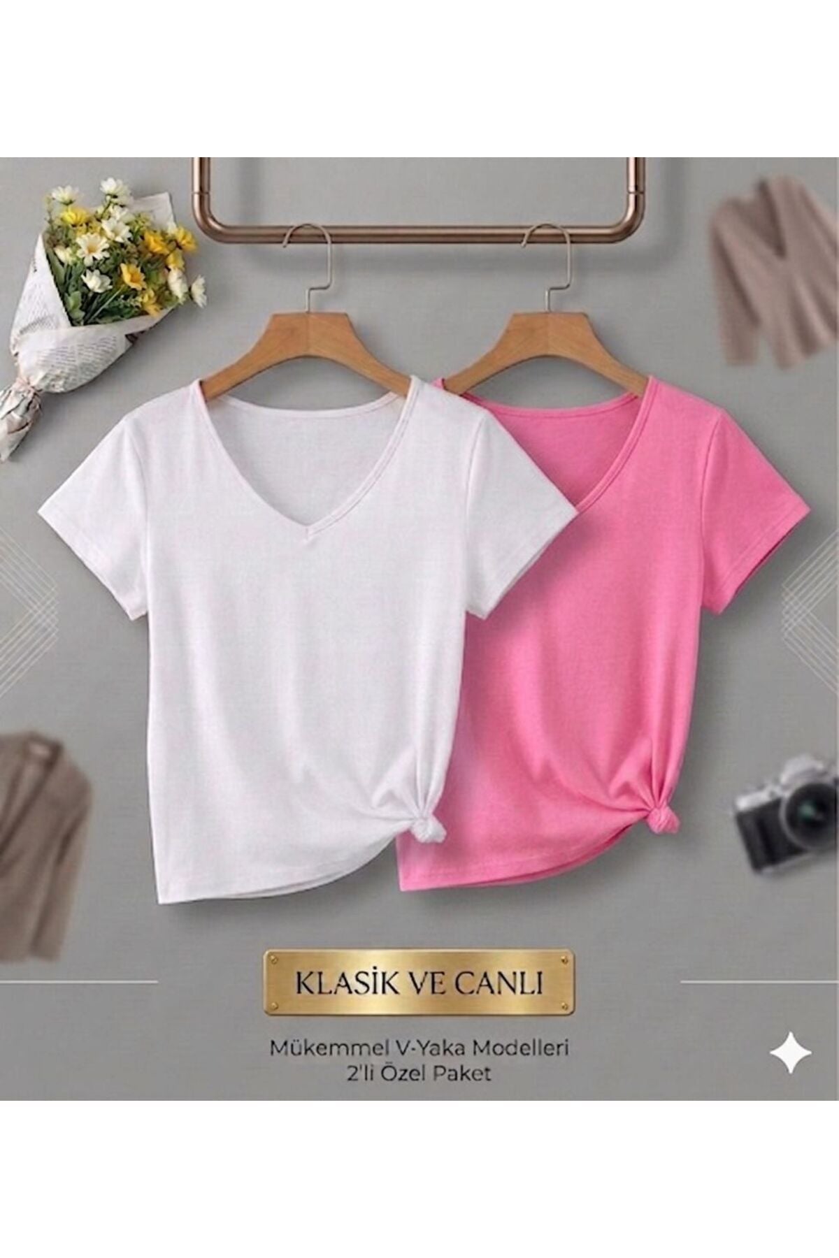 2 Adet Düz Regular Kalıp Kadın (V YAKA) T-Shirt