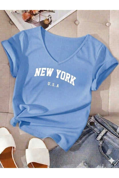 Kadın New York USA Baskılı V Yaka T-shirt