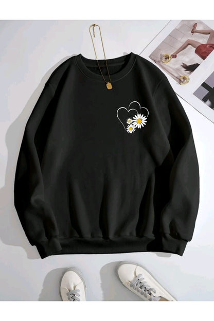 Çizgi Kalp ve Papatya Baskılı Oversize Kalıp Bisiklet Yaka Sweatshirt