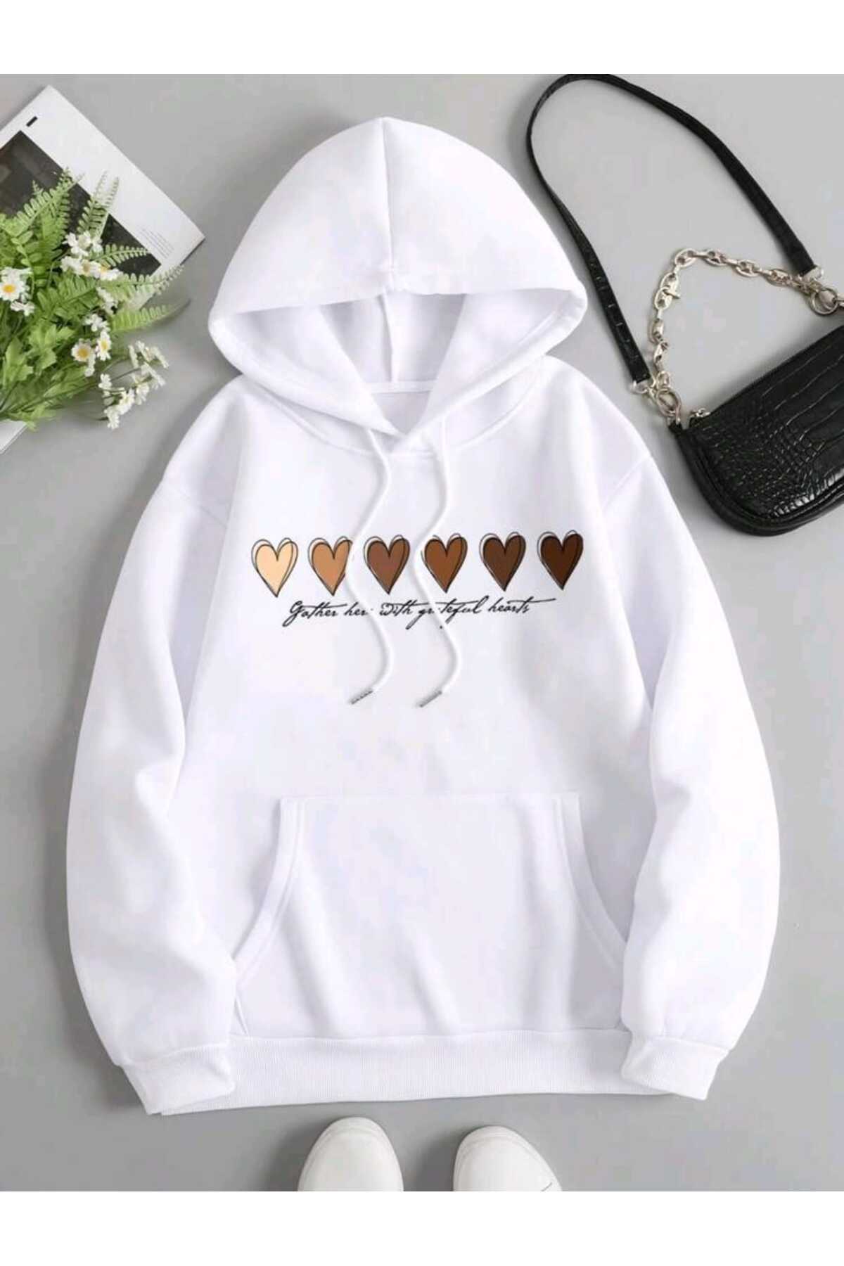 Hearts Baskılı Kapüşonlu Sweatshirt