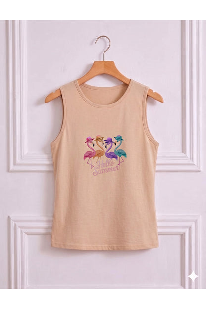 FLAMİNGO Baskılı Kadın (Omuzu Açık) Askılı Kolsuz Tshirt