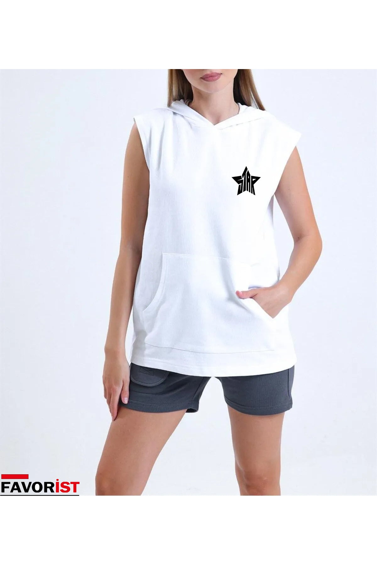 STAR Baskılı Unisex Sıfır Kol TSHİRT Kapşonlu Spor Giyim
