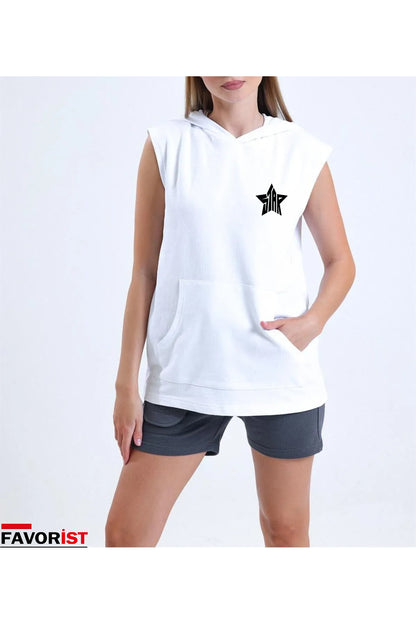 STAR Baskılı Unisex Sıfır Kol TSHİRT Kapşonlu Spor Giyim