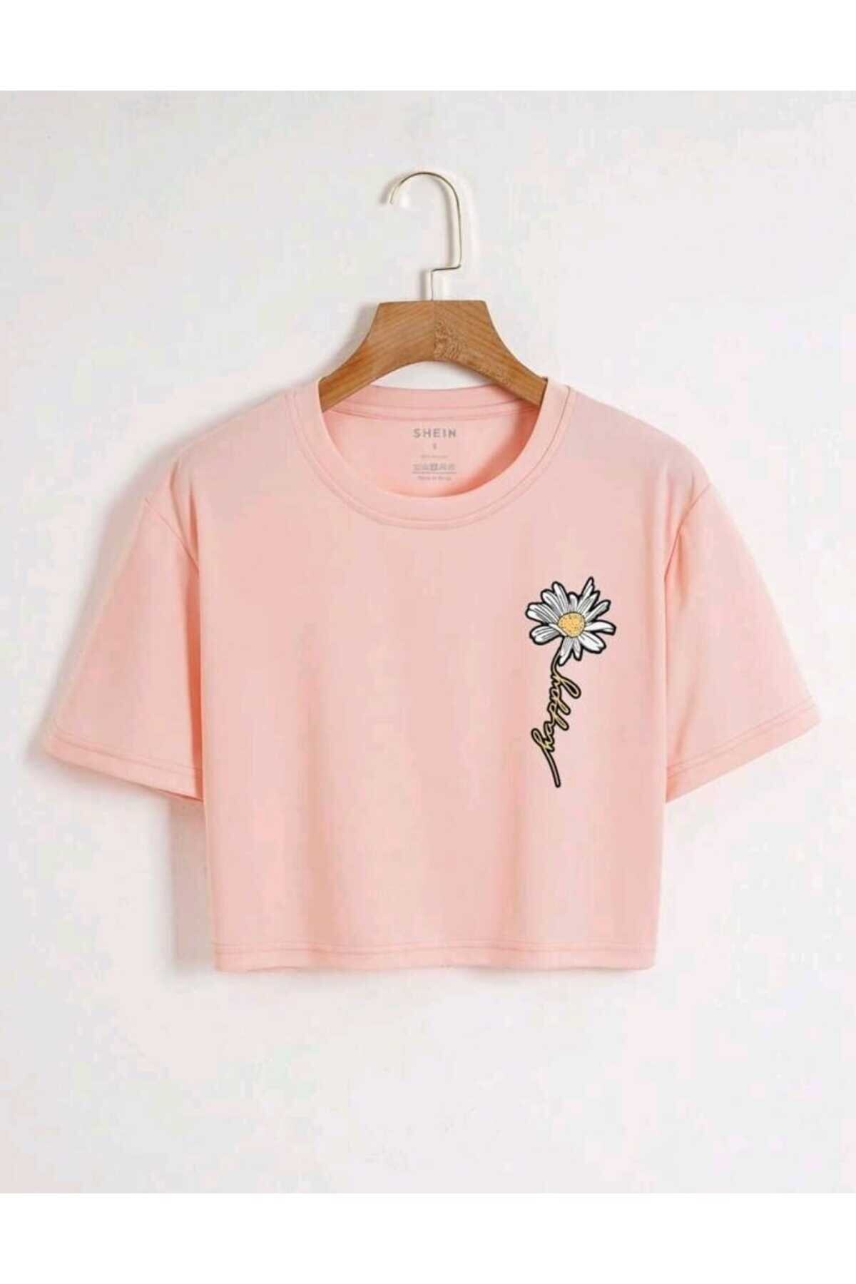 Happy Papatya Baskılı Kadın Oversize Crop T-shirt
