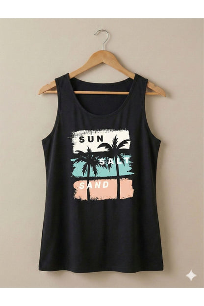 Sun Salt Sand Baskılı Kadın Siyah Omuzu Açık Askılı Yazlık Pamuklu T-shirt