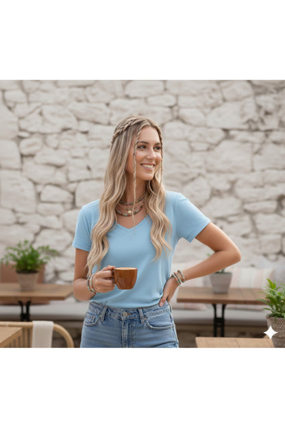 V YAKA Düz Baskısız Soft Kumaş Kadın T-shirt
