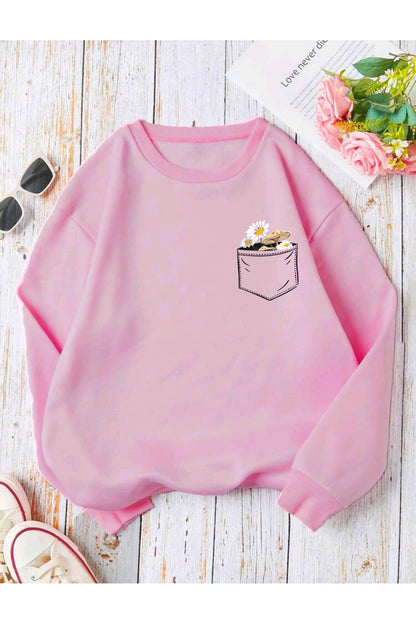Çiçek Baskılı Bisiklet Yaka Pamuklu Sweatshirt
