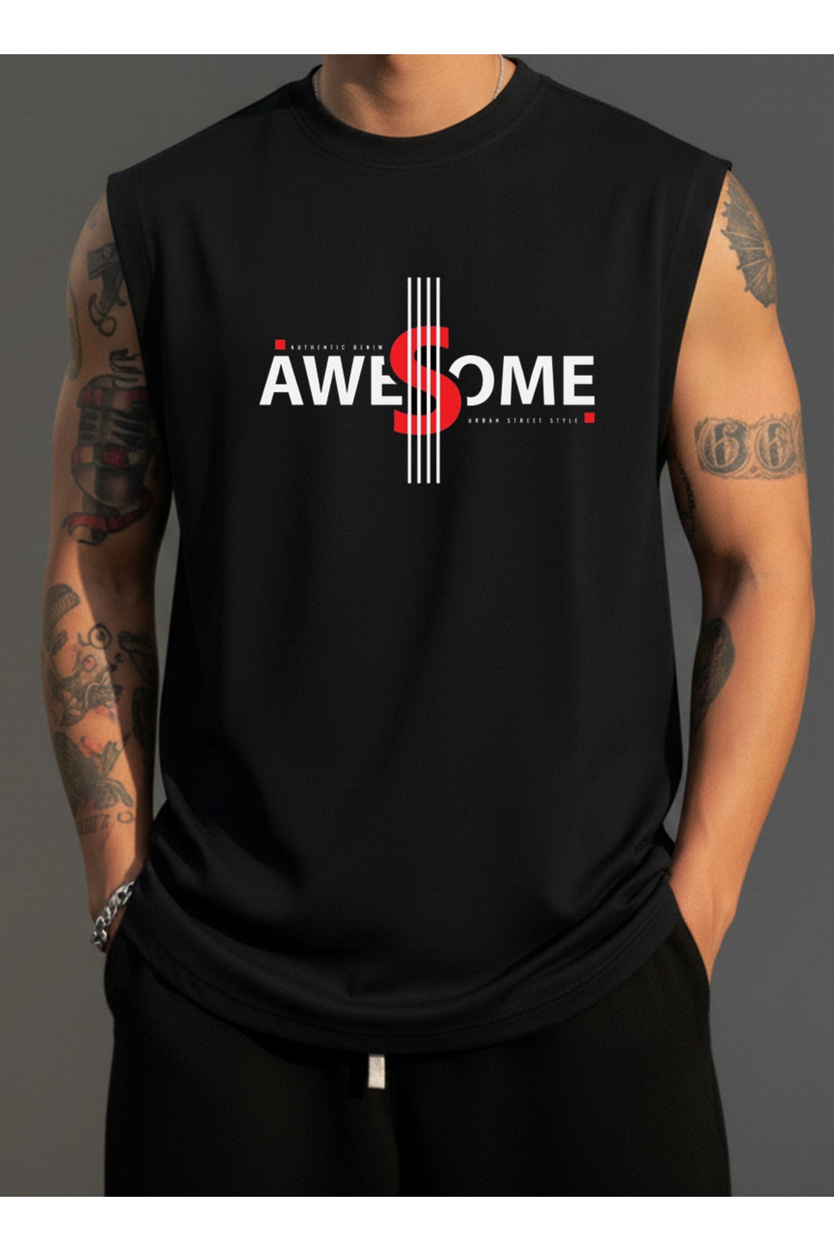 Erkek Sıfır Kol MİX Baskılı T-Shirt