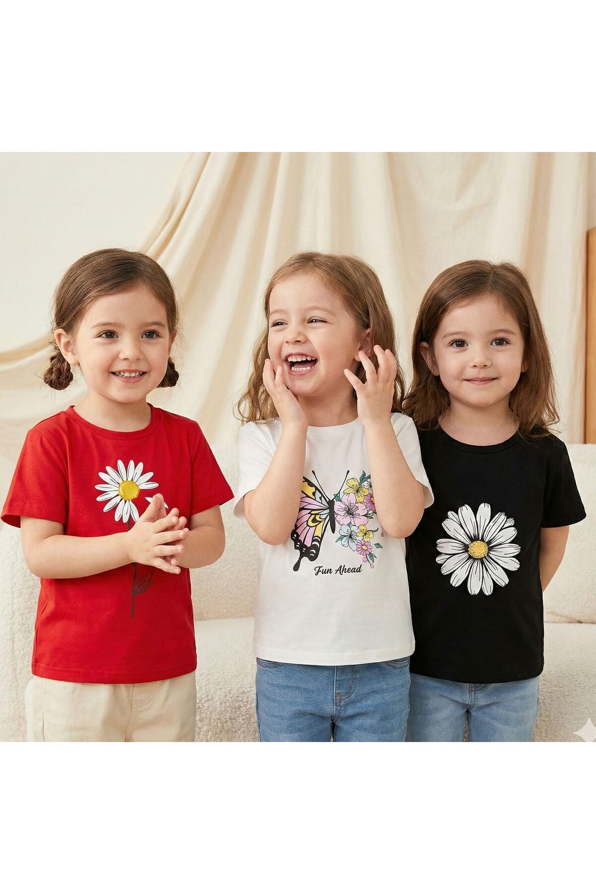 3'lü Paket Kelebek Papatyalar Baskılı Çocuk Pamuklu Tshirt
