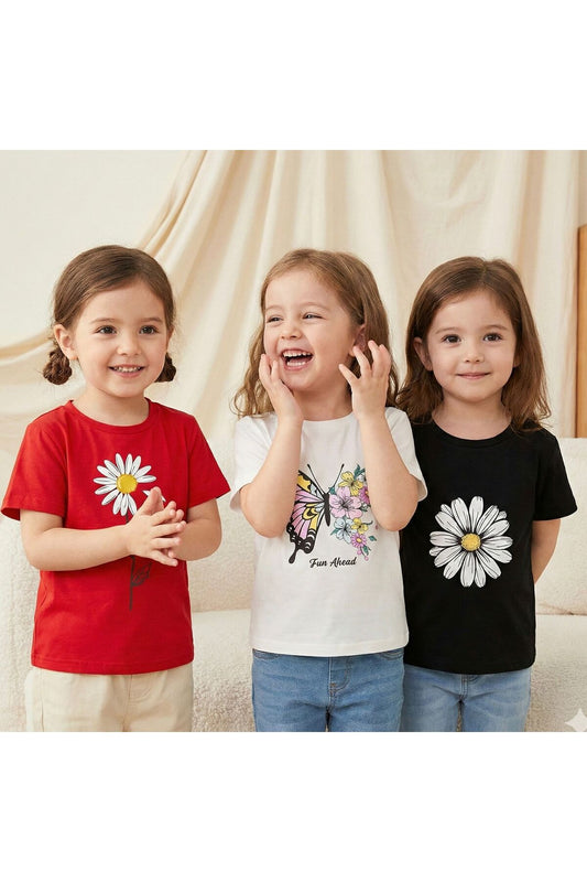 3'lü Paket Kelebek Papatyalar Baskılı Çocuk Pamuklu Tshirt