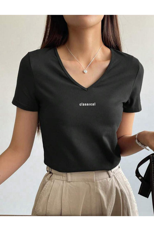 V Yaka Basic Pamuklu CLASSİCAL Baskılı Tshirt