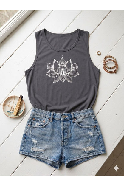 LOTUS Çiçeği Baskılı Kadın (Omuzu Açık) Slim Fit Askılı T-shirt