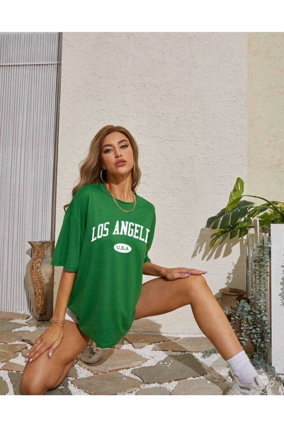 Los Angeles Usa Baskılı Tshirt Oversize Spor Bisiklet Yaka Pamuklu
