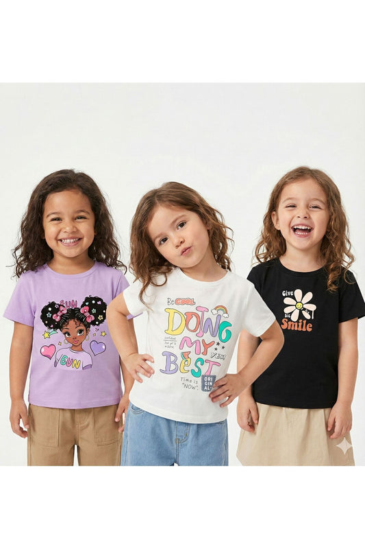3'lü Paket Doing Kıvırcık Kız Smile Baskılı Çocuk Pamuklu Tshirt