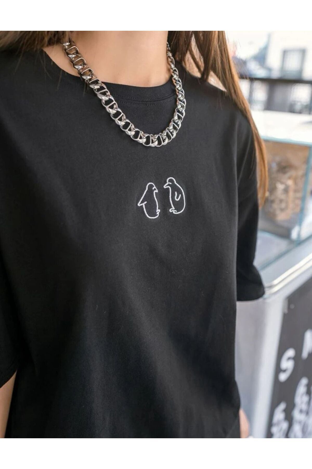 Penguen Baskılı Pamuklu Bisiklet Yaka Tshirt