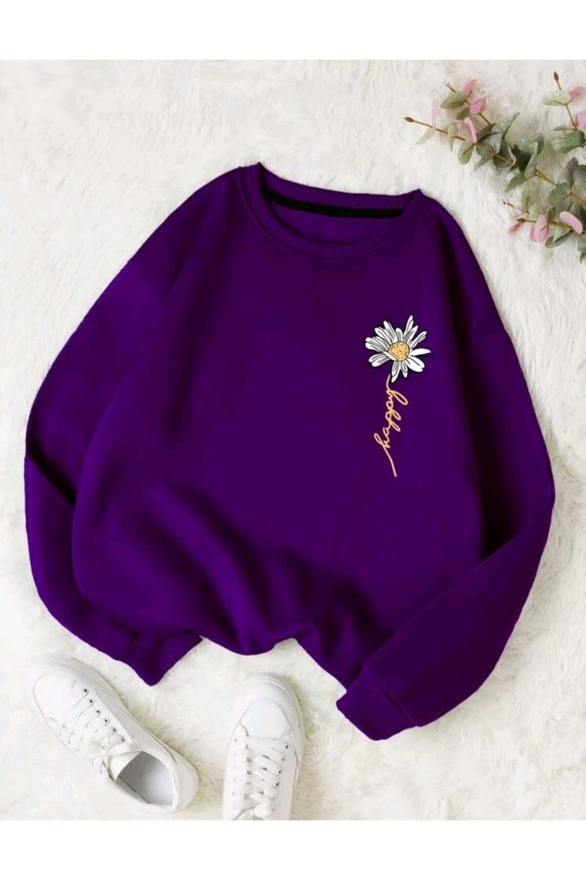 Happy Papatya Baskılı Bisiklet Yaka Unisex Sweatshirt