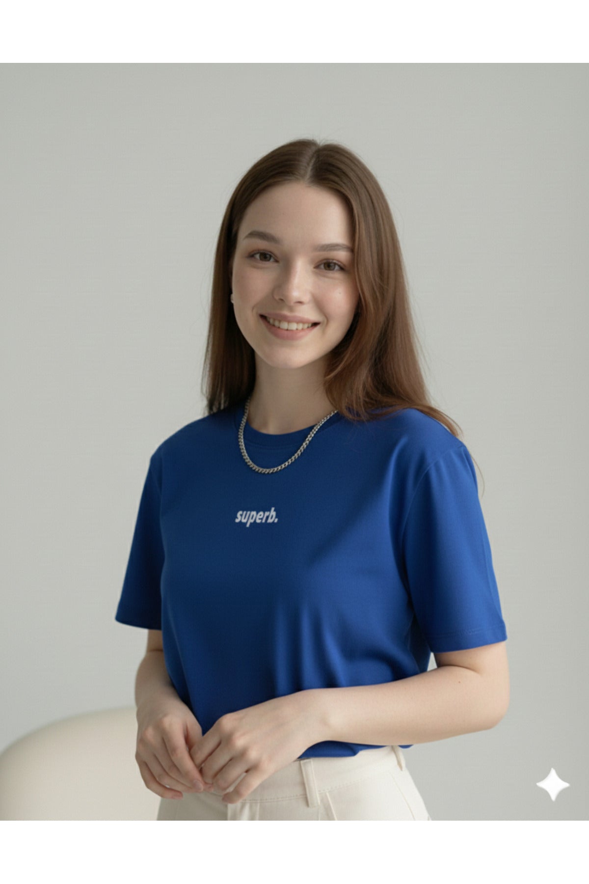 Superb. Baskılı Saks Mavi Bisiklet Yaka Pamuklu Kadın Regular Kalıp Tshirt