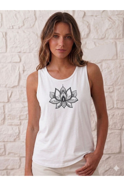 LOTUS Çiçeği Baskılı Kadın (Omuzu Açık) Slim Fit Askılı T-shirt