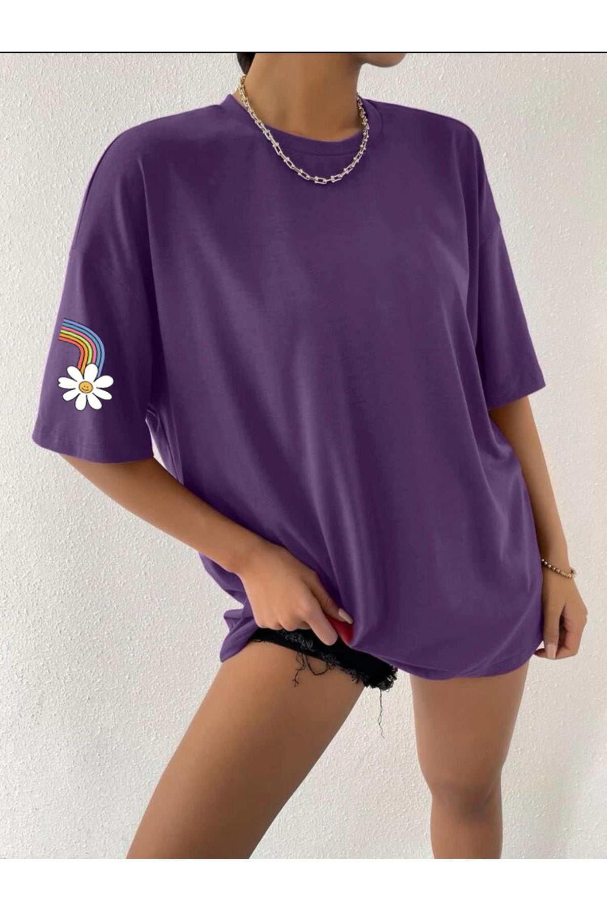 Gökkuşağı ve Papatya Baskılı Pamuklu Oversize Tshirt