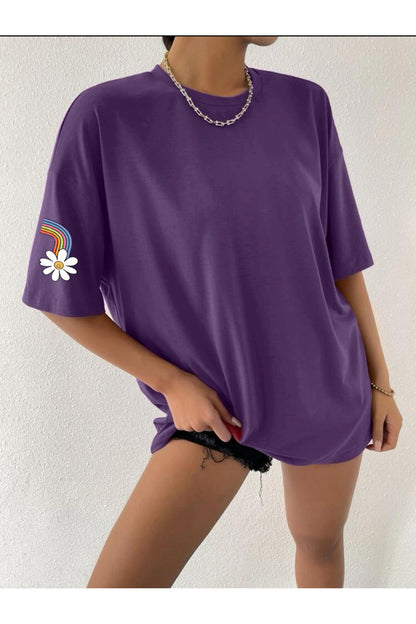 Gökkuşağı ve Papatya Baskılı Pamuklu Oversize Tshirt