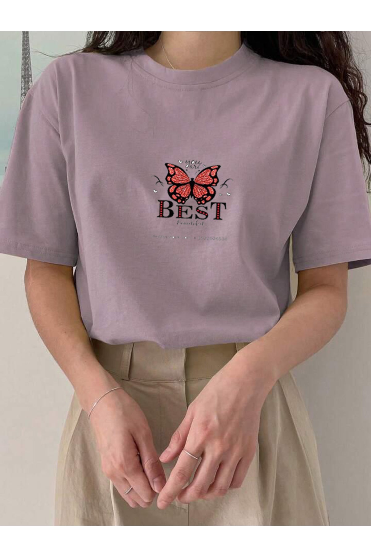 BEST Kelebek Baskılı Pamuklu Kısa Kol (Oversize) Tshirt