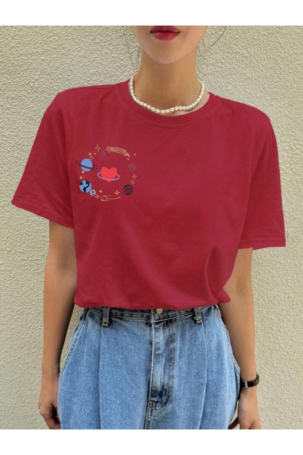 GALAXY Baskılı Pamuklu Kısa Kol (Oversize) Tshirt