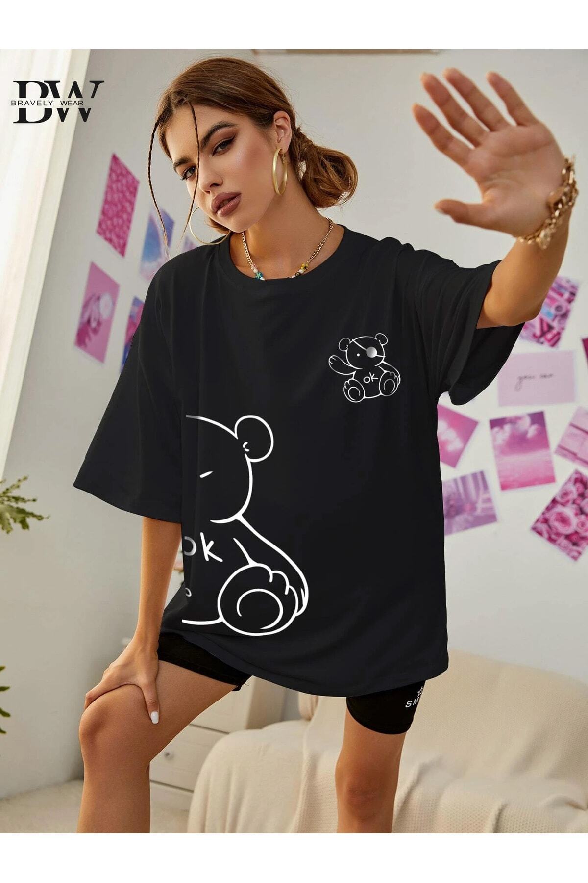 Ayıcık Baskılı Oversize Bisiklet Yaka Pamuklu Tshirt