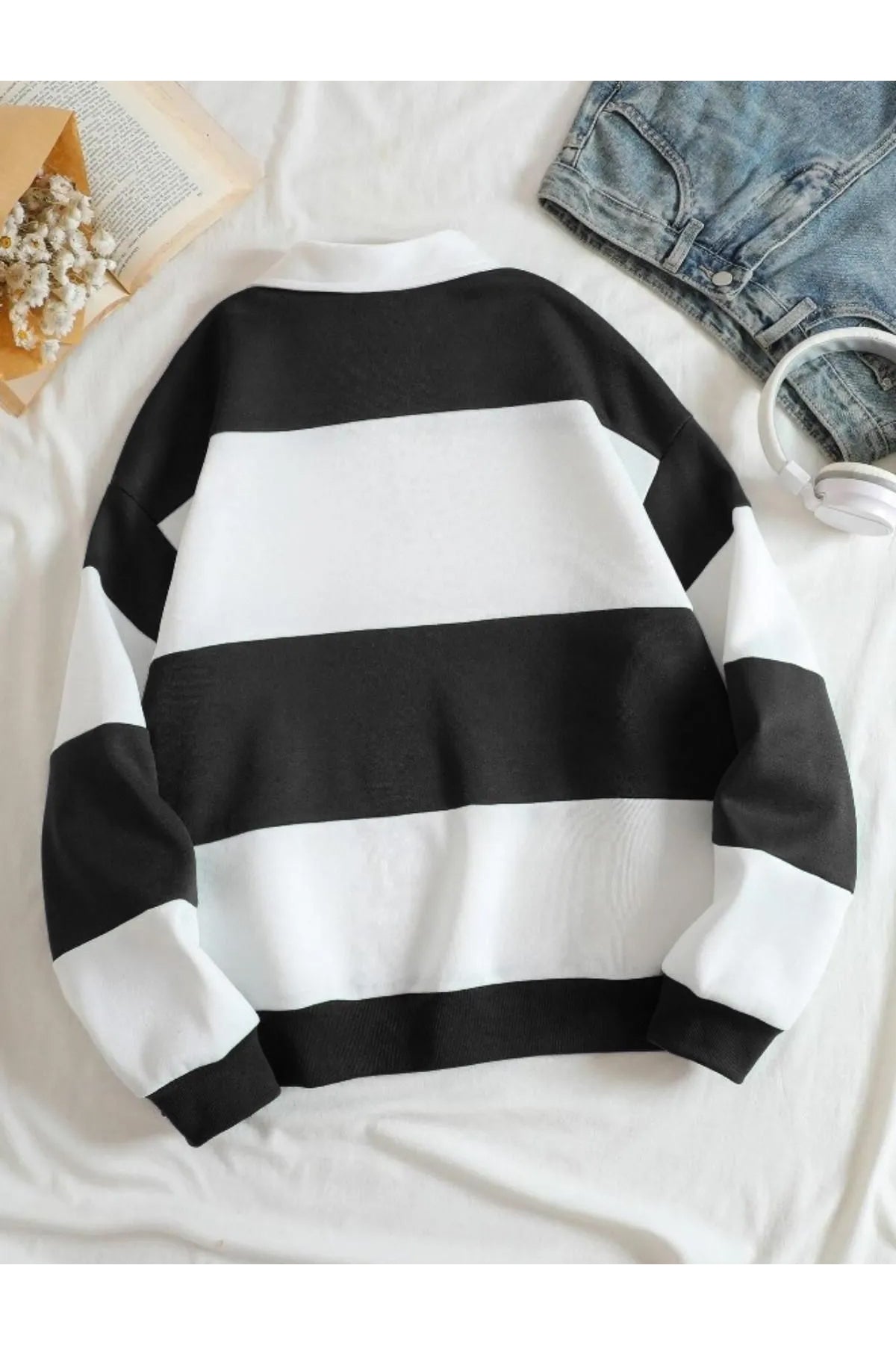 Original Unisex Kahverengi Çizgili Oversize Polo Yaka Yarım Fermuarlı Sweatshirt