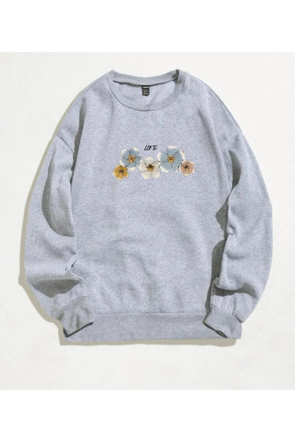Life Menekşe Baskılı Bisiklet Yaka Sweatshirt