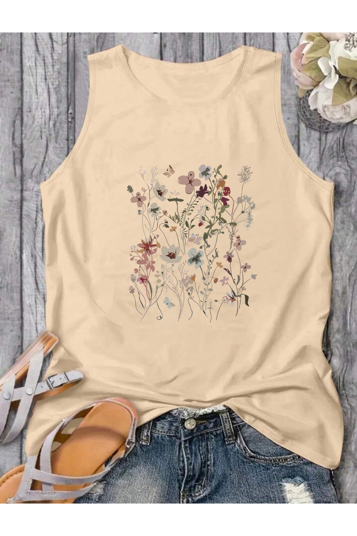 FLOWERS Desenli Kadın Pamuklu Omuzu Açık (Kolsuz) Yazlık T-shirt