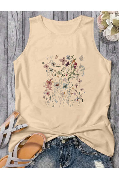 FLOWERS Desenli Kadın Pamuklu Omuzu Açık (Kolsuz) Yazlık T-shirt