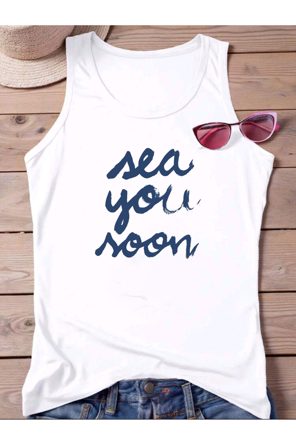 Sea You Noon Baskılı Omuzu Açık Kadın Pamuklu Kolsuz Yazlık T-shirt Atlet
