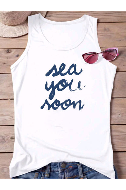 Sea You Noon Baskılı Omuzu Açık Kadın Pamuklu Kolsuz Yazlık T-shirt Atlet