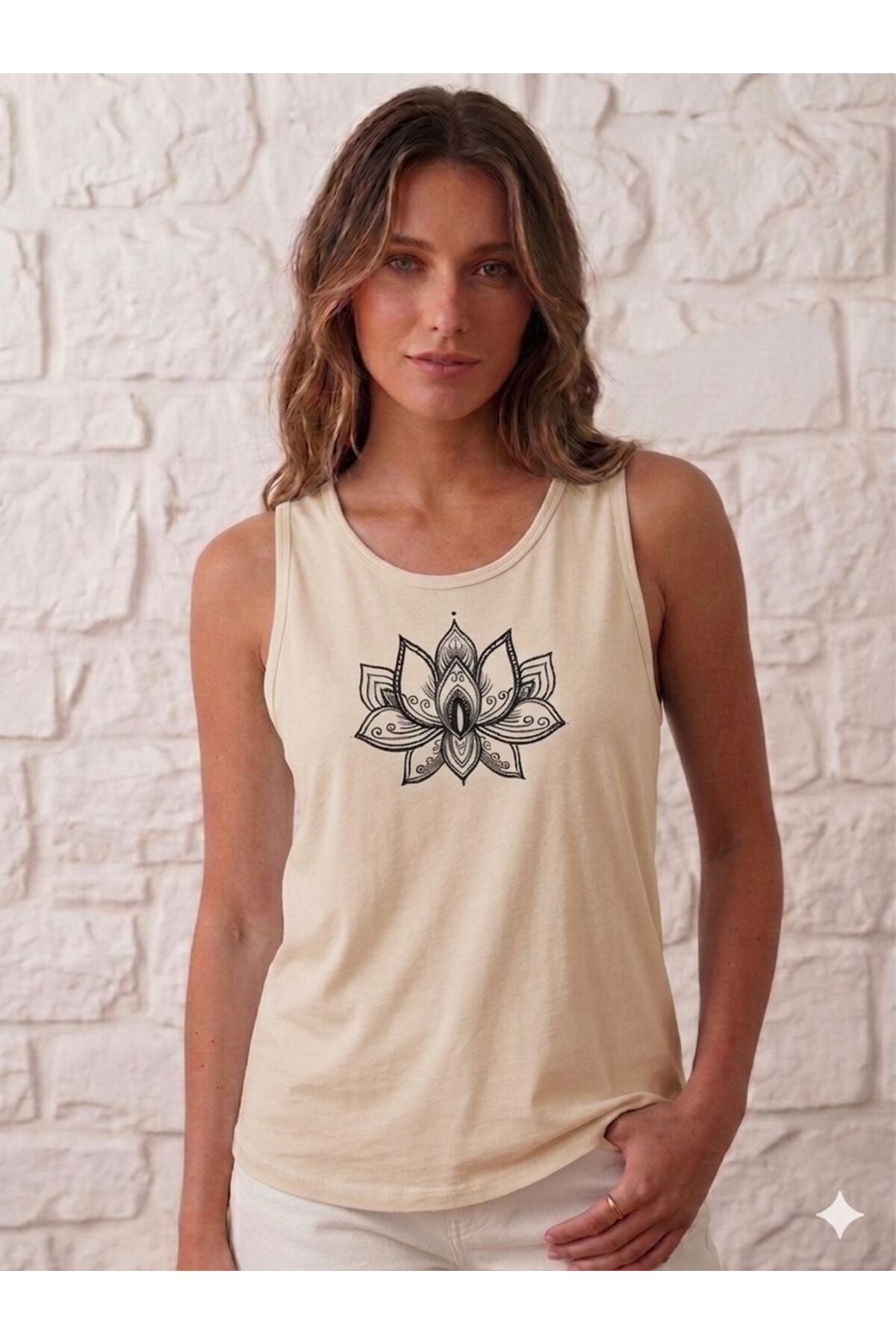 LOTUS Çiçeği Baskılı Kadın (Omuzu Açık) Slim Fit Askılı T-shirt