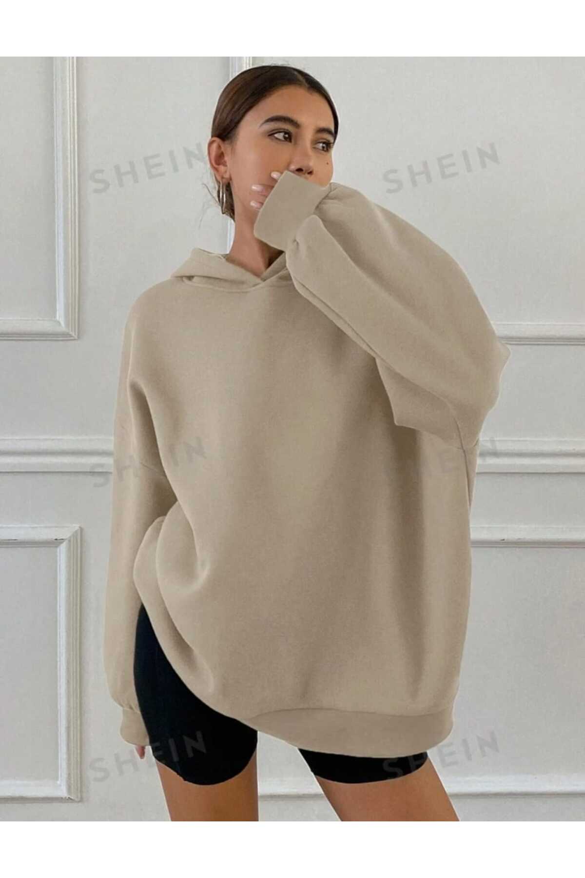 Kapüşonlu Düz Baskısız Giy Çık Oversize Kalıp Sweatshirt